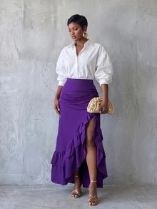 BamGlimmer Autumn/Winter Brown Skirt, Ruffle High Slit Design, Fashionable And Elegant, Suitable For Travel, Daily Wear, Shopping, Parties And Gatherings, Versatile For Commuting - Purple - View 3