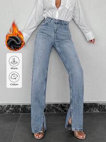 SHEIN بنطلون جينز مستقيم بخصر عالي من قماش دافئ، أزرق فاتح مغسول، بقصة عادية، وأزرار أمامية مع تفاصيل شق، بأسلوب كاجوال - أزرق فاتح - مشاهدة 1