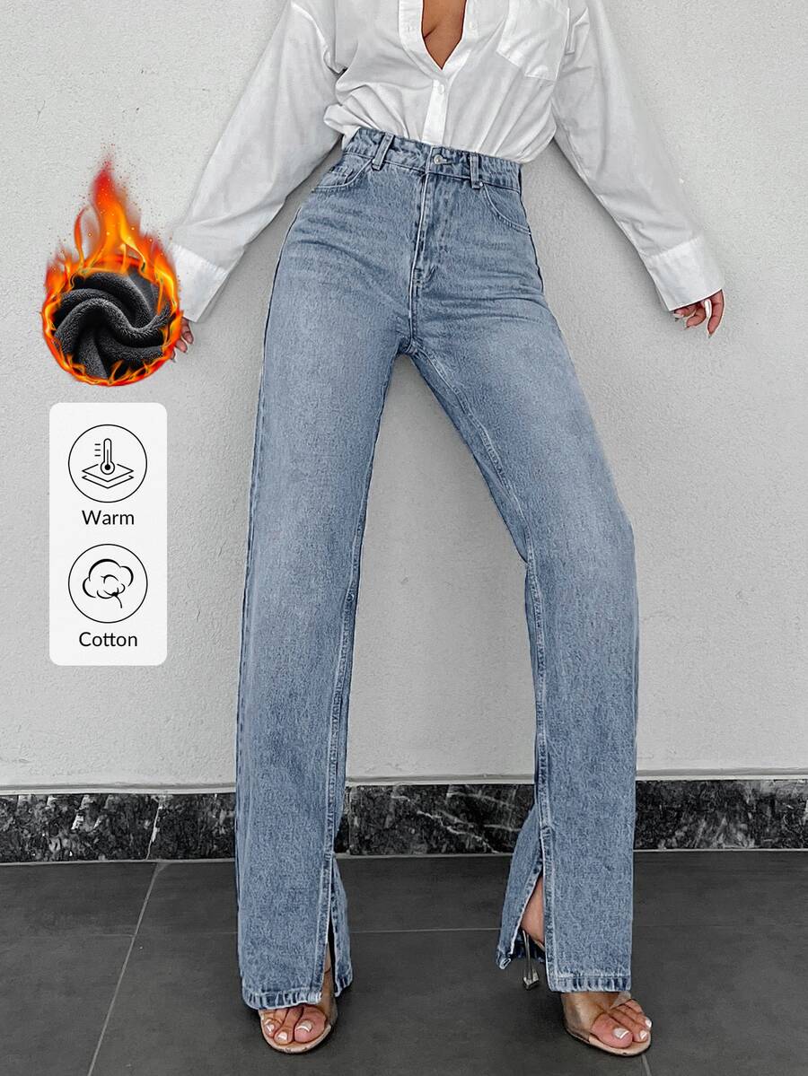 SHEIN بنطلون جينز مستقيم بخصر عالي من قماش دافئ، أزرق فاتح مغسول، بقصة عادية، وأزرار أمامية مع تفاصيل شق، بأسلوب كاجوال - أزرق فاتح - مشاهدة 1
