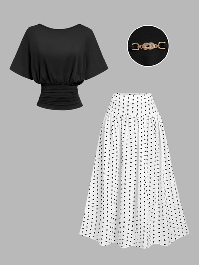 Elamini Conjunto de mujer primavera/verano con top de punto color café elegante francés, cuello cuadrado, manga corta de mariposa, combinado con falda larga de línea A de lunares de cintura alta y efecto estilizante