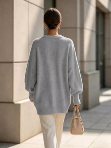 SHEIN Sweater Wanita Warna Polos Minimalis Serbaguna Lengan Panjang untuk Pemakaian Sehari-hari - Grey - View 2