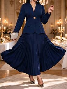 Fleurora Plus Size Women's Metal Single Button Jacket And Pleated Skirt Elegant Suit Set - Blue - View 4