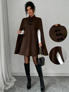 Elenzga 女款優雅棕色秋季外套 A字披風廓形 立領 中式盤扣 開衩袖口 國慶穿搭 - 咖啡棕 - 查看 6