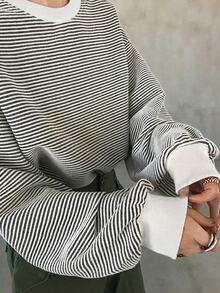 FRIFUL 女款圓領長袖條紋休閒法式T恤，黑白條紋，適合早午餐與秋季穿著 - 白色 - 查看 2