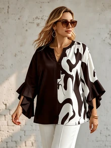 Ceyna Autumn Style Floral & Geometric Print Colorblock Patchwork Black Ruffle Trim 3/4 Sleeve V-Neck Plus Size Blouse - Coffee Brown - View 3