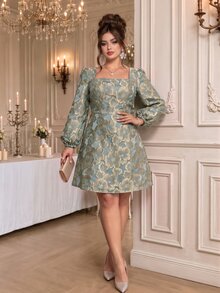Roveilla Plus Size Women's Elegant Jacquard Square Neck Solid Color Bowknot Back Short Dress, Spring/Autumn - Green - View 7