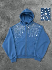 ROMWE MEN Street Life Men's Rhinestone Casual Versatile Daily Wear Hoodie - Blue - View 1