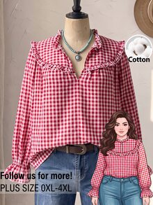 Rusticease Plus Size Korean Style Ruffle Trim Plaid Shirt - Red and White - View 1