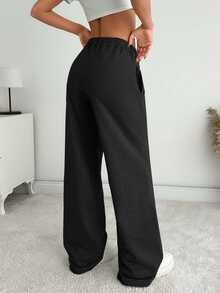 SHEIN Women Solid Color Mid Waist Straight Sweatpants - Black - View 2