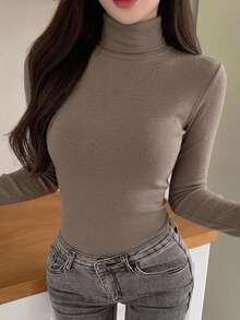 DAZY 女款純色高領長袖修身內搭T恤 - 灰色 - 查看 4