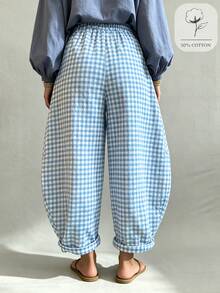 SHEIN PETITE Women's Spring/Autumn 2026 New Bohemian Vintage Blue Plaid Loose Lantern Balloon Pants, Cropped Length, Cotton Blend Textured Bubble Plaid Fabric; Elastic Waist Design Fits Various Body Types, Loose Lantern Silhouette Casual And Relaxed, Rolled Hem Cuffs Add Detail And Layering, Suitable For Daily Wear, Casual Outfits, Lazy Vacation - Blue - View 2