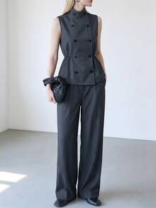Lumivelle Old Money Style Stand Collar Double-Breasted Waist-Cinching Vest & Wide-Leg Pants 2 Pieces Set For Women, Elegant Outfit - Dark Grey - View 7