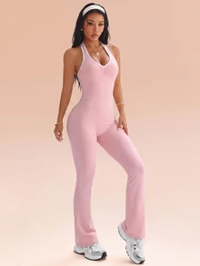 Eassivo Women's Minimalist Pleated Colorblock Sports Jumpsuit - Pink - View 2