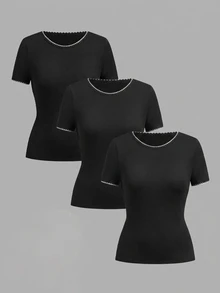 SHEIN EZwear 3件組女款圓領短袖T恤 - 黑色 - 查看 8