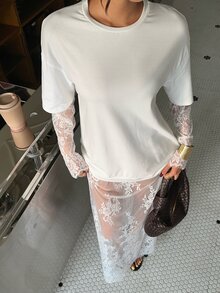Aloruh Minimalist Romantic Elegant Commuter White New Autumn/Winter Lace Patchwork Oversized Women's T-Shirt + Full Lace Skirt Two Pieces Set Vacation - White - View 5