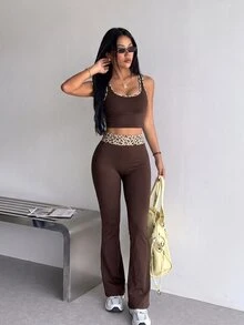 SHEIN Sovereign Charm Seamless Yoga Leggings / Leopard Print Waistband Contrast / Fashionable & Sexy / Comfortable & Versatile - Coffee Brown - View 6