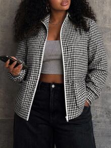 Dazy Plus Jaket Regular Thermal Lining Campuran Wol Fit Longgar Bisnis Kasual Motif Argyle Warna Cokelat Blok Warna Patchwork Outdoor Streetwear - Hitam dan Putih - View 4