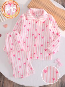 2pcs Set Piyama Anak Perempuan Nyaman Lembut Tebal dan Halus Motif Garis Vertikal Pink dan Hati dengan Kerah Terbuka di Depan, Lengan Panjang dan Celana Panjang - Berwarna merah muda - View 3