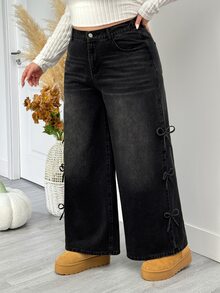 SHEIN CURVE+ Jeans Denim Wanita Plus Size Kasual untuk Harian dan Traveling dengan Saku dan Kancing - Hitam - View 3