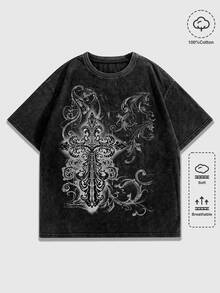 ROMWE MEN Goth 男士寬鬆休閒日常圓領印花落肩T恤 - 黑色 - 查看 1