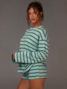 Athîral Women's Striped Pattern Round Neck Long Sleeve Top And Shorts Two Pieces Set - Green - View 6