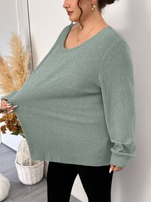 SHEIN CURVE+ Women Plus Size T-Shirt 22W, Autumn/Winter Solid Color Ribbed Comfortable Crew Neck Long Sleeve Casual T-Shirt - Green - View 4