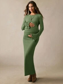 Boho Mama 圓領長袖素色百褶孕婦洋裝 秋季 - 淺藍色 - 查看 7