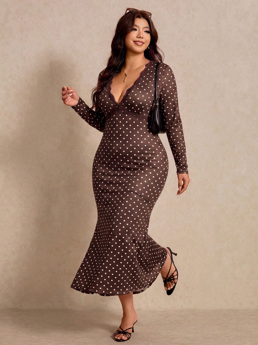 Elaquor Plus Size V-Neck Long Sleeve Polka Dot Mermaid Dress Fall - Coffee Brown - View 1