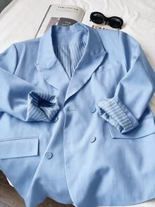 Comfortcana 女款大尺碼休閒商務通勤雙排扣西裝外套 - 藍色 - 查看 4