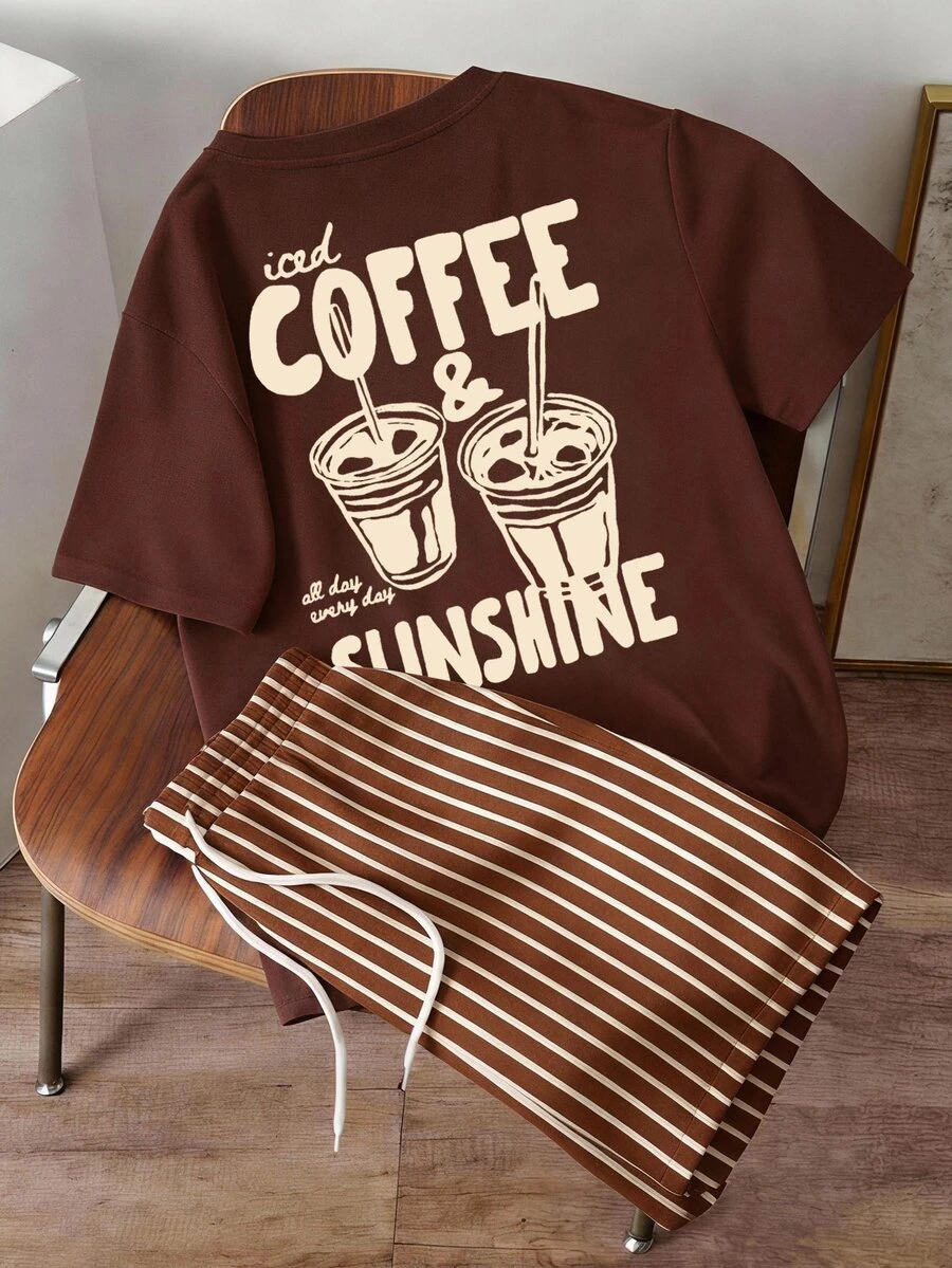 Daypath Men's Plus Size Letter & Coffee Print Short Sleeve T-Shirt And Striped Drawstring Waist Shorts Casual Set - Multicolor - View 1