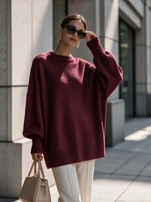 SHEIN 女款素色休閒百搭日常長袖針織衫 - 酒紅色 - 查看 4