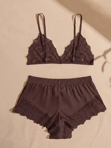 Lullawish Contrast Lace Triangle PJ Set - Rust Brown - View 2