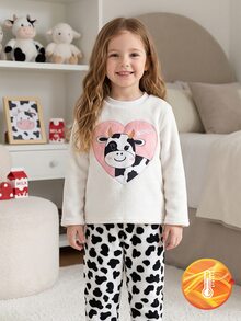 女童幼兒牛刺繡奶油白毛絨睡衣套裝，牛花紋毛絨長褲套頭睡衣家居服 - 彩色 - 查看 8