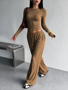 Dewbera Dewbera 2pcs Women's Dark Brown Seamless Knit Set - Coffee Brown - View 1