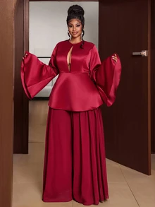 Maweii Plus Size Women's Vintage Solid Color Flare Long Sleeve Hollow V-Neck Chiffon Wide Leg Pants 2 Pieces Set Fall - Red - View 2