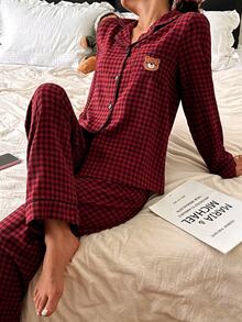 Dream Adore Plaid Print Bear Head Embroidered Patch Pocket Front Button Long Sleeve Long Pants Women's Pajama Set - Red - View 6