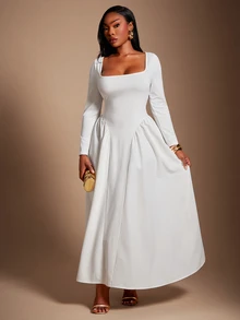 SHEIN SXY White High Elasticity Knitted Square Neck Long Sleeve Ruched Slim Fit Flared Dress Fall Cocktail Party Elegant Celestial - White - View 4