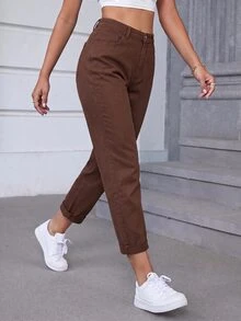 Slaydiva Plus Size Women Solid Color Fashion Casual Versatile Jeans - Coffee Brown - View 6