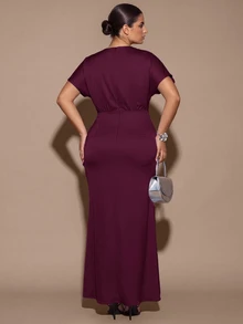 SHEIN BAE CURVE V-Neck Batwing Sleeve Solid Color Mermaid Dress - Maroon - View 2