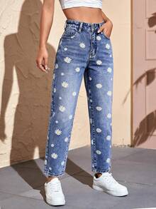 SHEIN PETITE 女款休閒日常牛仔褲，附口袋、鈕扣與花卉圖案 - 藍色 - 查看 5
