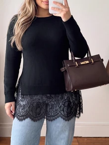 Vionelle Plus Size Women's Solid Color Minimalist Pullover Knit Sweater, Side Slit Lace Patchwork Hem Long Sleeve Lazy Sweater Winter - Black - View 8