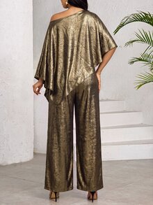 SHEIN Lady Women's Solid Color Asymmetrical Shoulder Top And Pants Casual Daily 2 Pieces Set - Gold - View 2