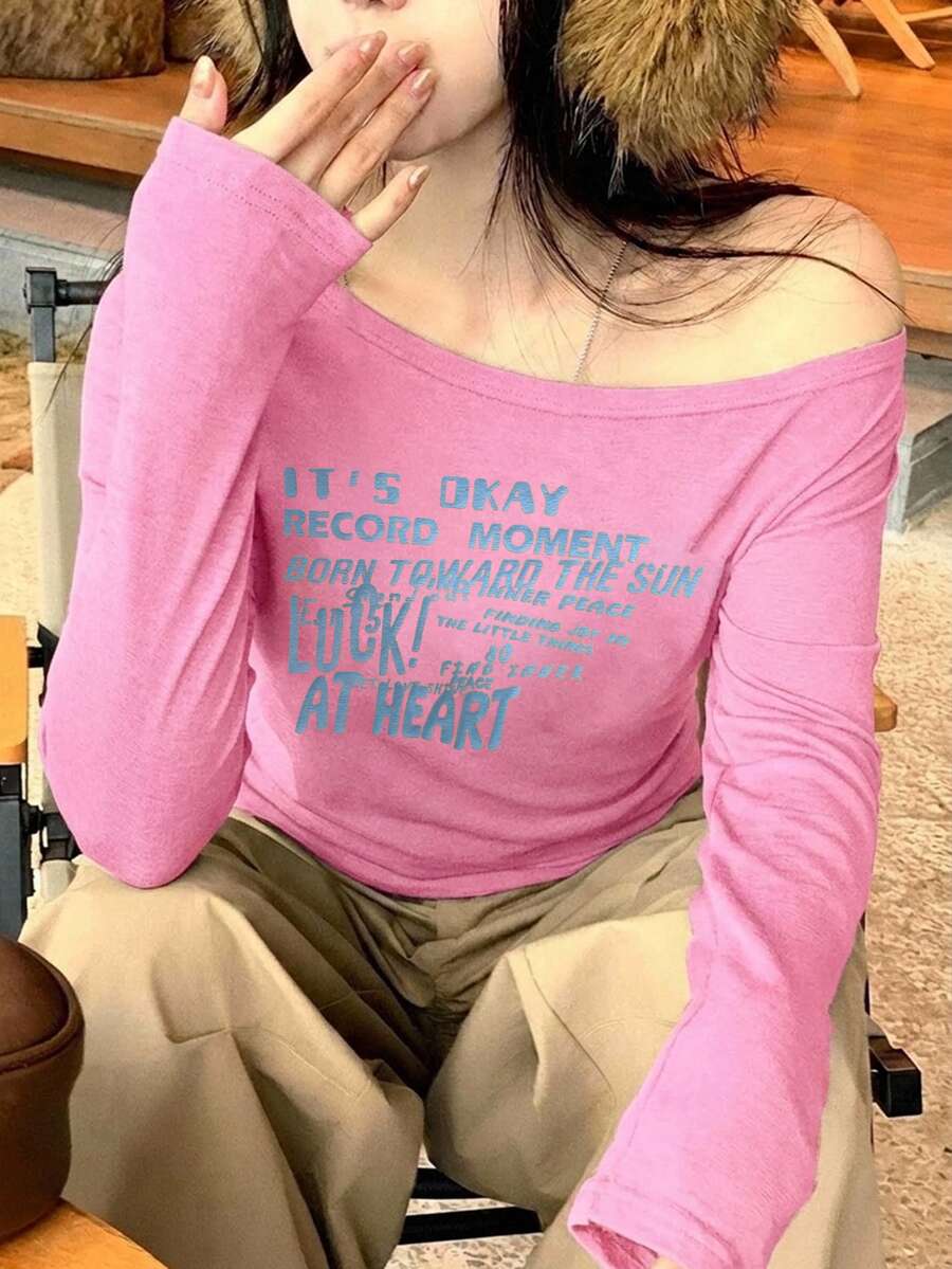 Dazy Plus 女童字母印花不對稱單肩領口休閒長袖棕色春/秋季T恤 - 西瓜粉 - 查看 1