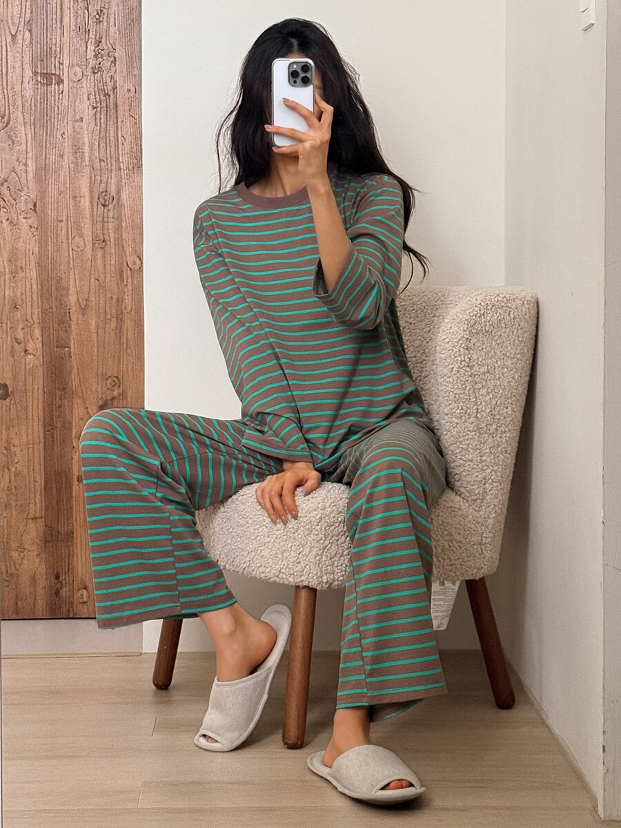DAZY Striped Print Drop Shoulder Tee & Pants PJ Set - Coffee Brown - View 1