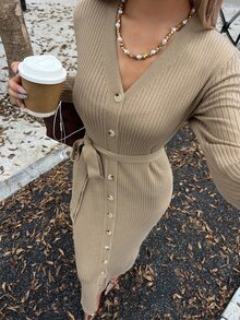 DAZY Women's Elegant Comfortable Commute Long Sleeve V-Neck Front Button Waist Tie Sweater Dress - Apricot - View 3