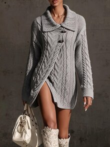 Omancia Elegant Lapel Horn Button Long Sleeve Design Women's Cardigan - Grey - View 1
