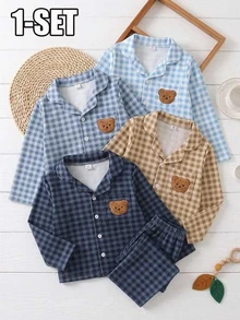 2件組男童幼兒居家服套裝，兒童藍黑格紋睡衣套裝，男童翻領熊刺繡休閒服長袖2件套 - 寶藍色 - 查看 8