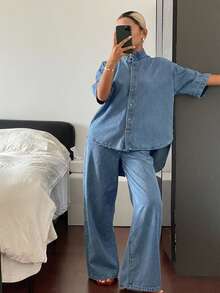 Livesso Autumn Women's Denim Set With Light Blue Washed Short Sleeve Button-Up Collar Top And Skirt - Blue - View 3