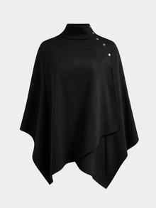 Sweetra CURVE High Neck Cape Asymmetrical Overcoat, Black, Versatile, Plus Size, Autumn/Winter - Black - View 3