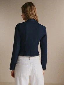 Poéselle Women's Cropped Stand Collar Denim Jacket With Gold Button Braid Detail, Military Inspired - Dark Wash - View 2